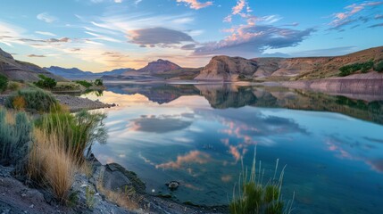 Obraz premium A tranquil lakeside at twilight with a beautiful reflection of clouds and pastel colors over a mountainous backdrop