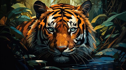 A image stylized and dynamic illustration depicting a fierce and majestic tiger in its natural habitat