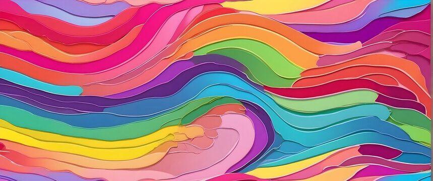 An abstract vibrant image featuring colorful paper sculpted into wave-like forms, presenting a playful and dynamic texture with artistic elegance