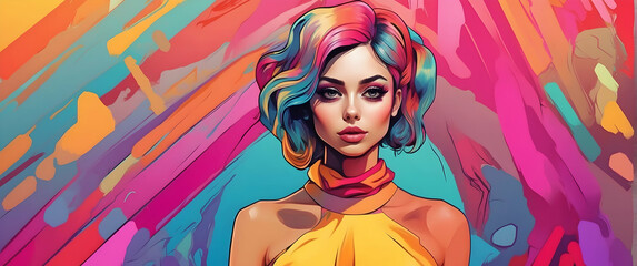 An illustration of a modern woman set against a colorful and expressive abstract background