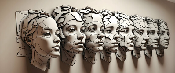 Artistic progression of multiple fragmented faces conveying the concept of evolution and transformation