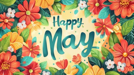 Colorful floral greeting card with Happy May text