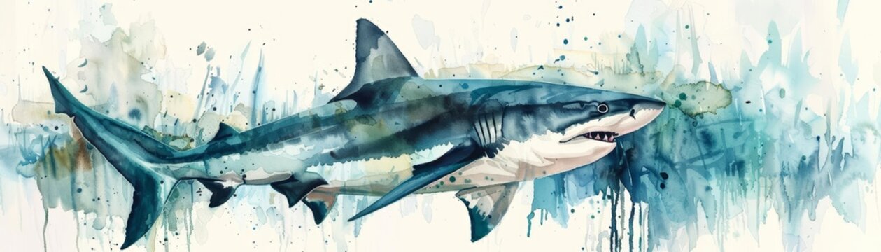 A shark patrols the deep waters, watercolor painting on a white background