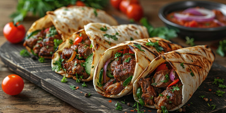 Fototapeta Döner Kebab on a rustic wooden table, Thinly sliced marinated meat, Slow-cooked to perfection and served with flatbread and fresh vegetables