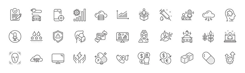Fototapeta premium Capsule pill, Money currency and 360 degree line icons. Pack of Waterproof, Safe energy, Windmill turbine icon. Phosphorus mineral, Graph, Seo gear pictogram. Dice, Cloud computing. Line icons. Vector