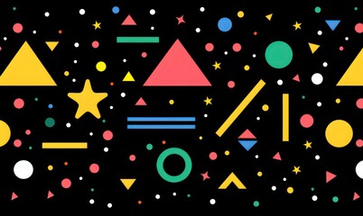 Dynamic image with various colorful geometric shapes like triangles, circles, and stars on a dark background Graphic design elements with a playful vibe