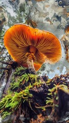 Vibrant orange mushroom on a mossy forest floor