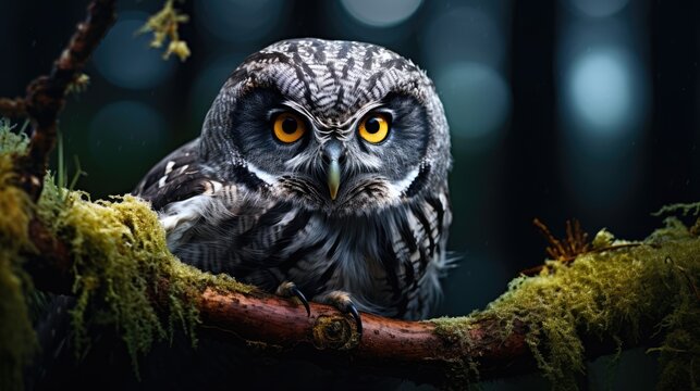 photography of a wise and powerful owl perched on a moss-covered tree branch at twilight