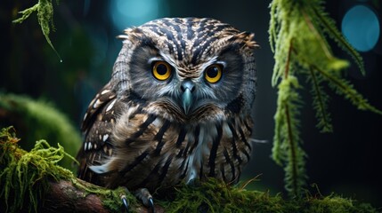 Obraz premium photo of a wise and powerful owl perched on a moss-covered tree branch at twilight