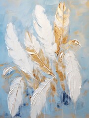 White and gold feathers impasto Oil painting impasto illustration on blue background. Valentine, Woman's day and Mothers day concept, art for design poster, greeting card, banner, wedding invitation