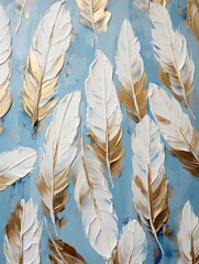 White and gold feathers impasto Oil painting impasto illustration on blue background. Valentine, Woman's day and Mothers day concept, art for design poster, greeting card, banner, wedding invitation