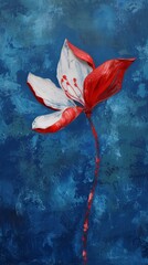 Abstract red and white flower on a textured blue background