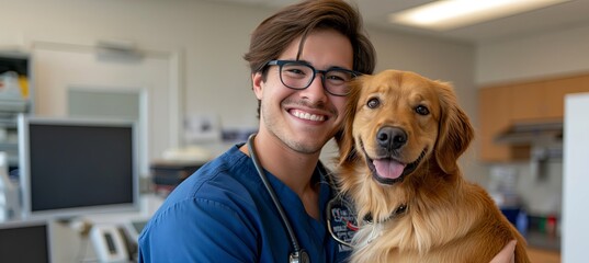 An appealing young man, in blue medical attire and spectacles, embraces a golden retriever