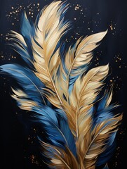 Gold and blue feathers impasto Oil painting illustration on black background. Valentine, Woman's day and Mothers day concept, art for design poster, greeting card, banner, wedding invitation