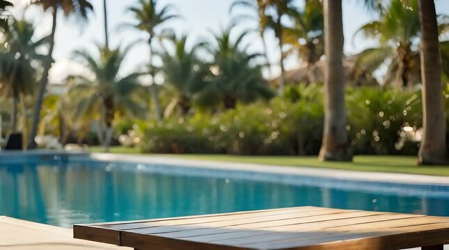 A small empty wood table with a pool and palm trees in the background. 