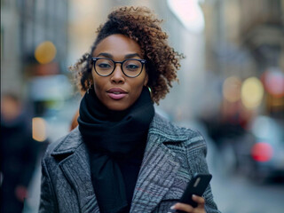 Stunning high resolution photos, emotional multiethnic female entrepreneur with unique eyes walking through the streets of a bustling city and talking on the phone. Business