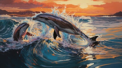 Fototapeta premium a illustration Dolphins swimming in the open ocean