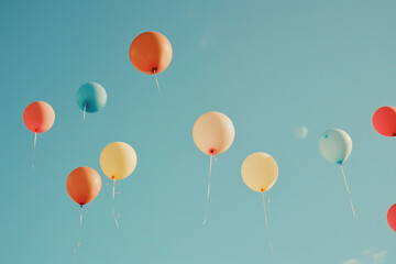 Colorful balloons floating against a clear blue sky.