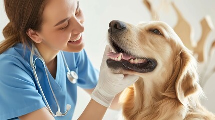 A female doctor in blue scrubs with a dog