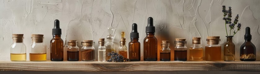 Essential oils and natural scrubs align on a shelf, their natural ingredients promising wellness and beauty enhancement, with copy space
