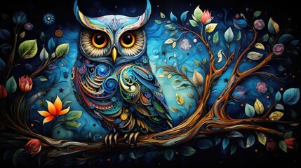 a image whimsical illustration of a wise old owl perched on a mystical tree branch