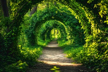 Obraz premium Green Foliage, Mysterious Summer Forest Tunnel, Sunny Path in Dense Vegetation, Copy Space
