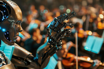 AI composing symphonies, represented by robotic hands conducting an orchestra of holographic instruments 