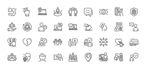 Justice scales, Teamwork and Yoga line icons pack. AI, Question and Answer, Map pin icons. Like, Online tax, Users chat web icon. Touchscreen gesture, Stress, Biometric eye pictogram. Vector