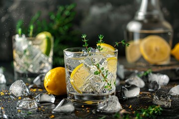 A cocktail made with bitter lemon, lime and gin on ice, garnished with thyme