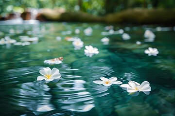Spa water trickling down in a zen garden, floating white flowers, asian forest, natural flow symbolizing balance, spa relaxation and meditation concept banner 
