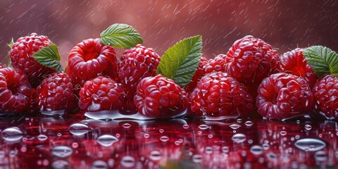 A close-up of raspberries with green leaves on top, placed on a reflective surface with water...