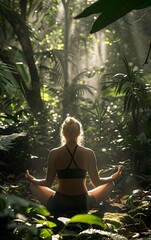 Back view of young woman practicing yoga in tropic environment, girl meditating in exotic forest or jungle illuminated with sunlight, relax healthy self love concept