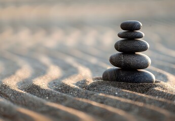 Zen stones at sand, pebble pyramid on the beach symbolizing balance, relaxation and meditation Stack of round smooth stones on a seashore at sunset, banner copy space for text design