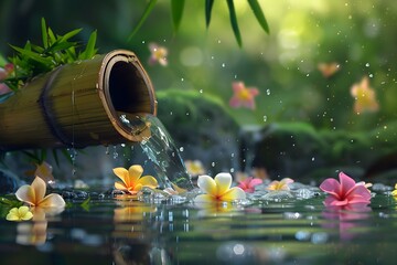 Bamboo fountain with water trickling down in a zen garden, flowers, asian forest, natural pipe flow symbolizing balance, spa relaxation and meditation concept banner 