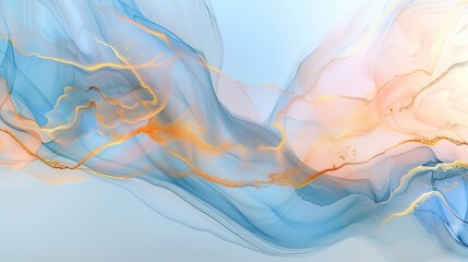 Soft blue and peach hues intertwine with gold, evoking a serene and harmonious fluid abstract image