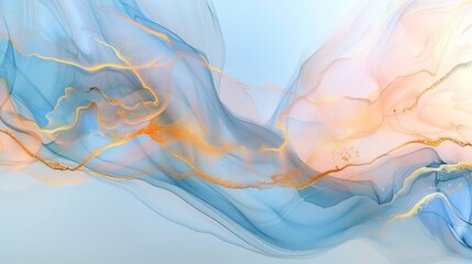 Fototapeta premium Soft blue and peach hues intertwine with gold, evoking a serene and harmonious fluid abstract image