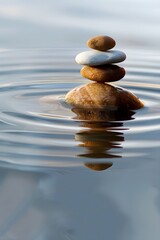Zen stones in water with reflection, pebble pyramid on the beach symbolizing balance, relaxation and meditation Stack of round smooth stones on a seashore at sunset, banner copy space for text design