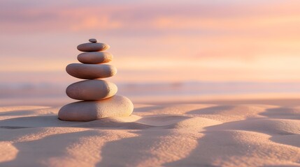 Zen stones in water with reflection, pebble pyramid on the beach symbolizing balance, relaxation and meditation Stack of round smooth stones on a seashore at sunset, banner copy space for text design