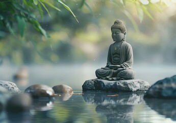 buddha statue on a rock lakeside, natural spa background with Asian spirit, tranquility in green nature, web banner concept with copy space  blurred green nature, pebble sand