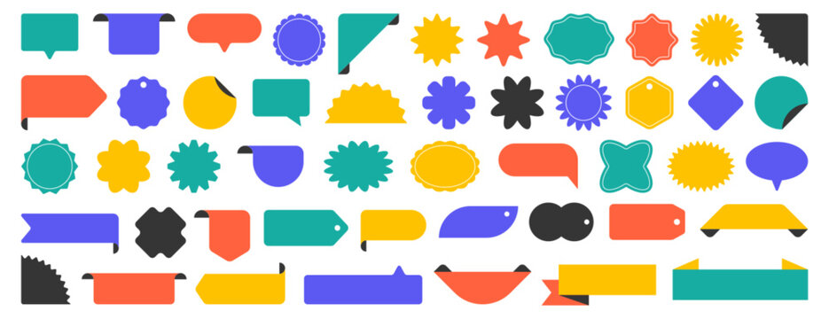 Set of starburst sticker, sale badge, price tag, shopping labels. Empty retro color starburst emblems, callouts, sunburst symbols. Promo tags, special offer design elements of flower, ribbon, corner