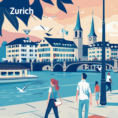 A painting of a city Zurich with a bridge and a church