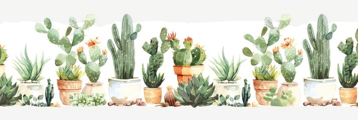 Fototapeta premium Different types of watercolor cacti and succulents, varying in size and color, in clay pots on a white background.
