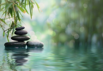 Zen stones in water with reflection, pebble pyramid in bamboo forest symbolizing balance, relaxation and meditation Stack of round smooth stones on a rivershore, banner copy space for text design