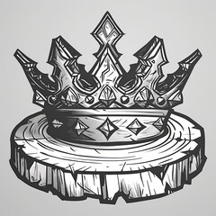 A detailed black and white drawing of an ornate royal crown resting on a wooden stump, suggesting power and sovereignty