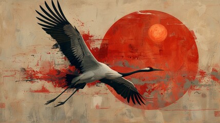 Crane flying against a red sun in a textured artistic background