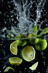 Sliced lime floats in the water splashes green lemon floating 