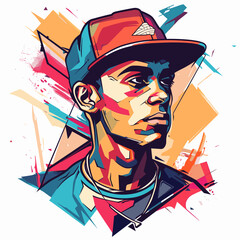 A man wearing a hat and a shirt is drawn in a colorful style