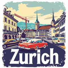 Zurich. A postcard of a city street with a red car and a building with a clock tower