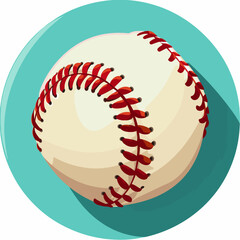 A baseball is shown in a blue circle. The ball is white with red stitching. The image has a playful and fun mood