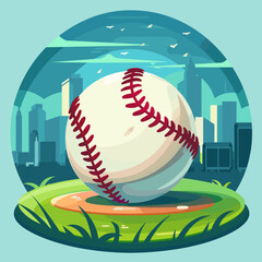 A baseball is sitting on a field with a city in the background
